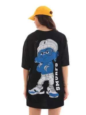 Unisex Bisiklet Yaka Baskılı Oversize T-Shirt - Siyah