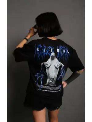 Unisex Bisiklet Yaka Baskılı Oversize T-Shirt - Siyah