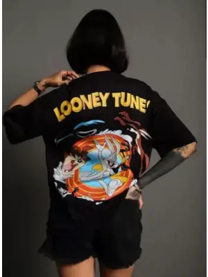 Unisex Bisiklet Yaka Baskılı Oversize T-Shirt - Siyah