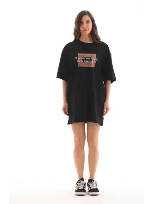 Unisex Bisiklet Yaka Baskılı Oversize T-Shirt - Siyah
