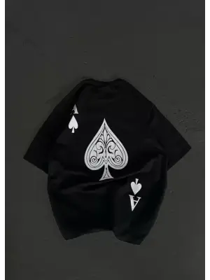 Unisex Bisiklet Yaka Baskılı Oversize T-Shirt - Siyah