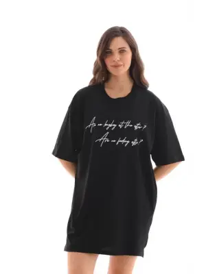 Unisex Bisiklet Yaka Baskılı Oversize T-Shirt - Siyah