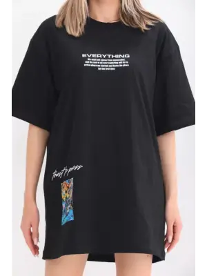 Omarı Siyah Bisiklet Baskılı Oversize T-Shirt