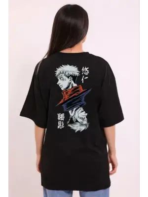 Omarı Siyah Oversize Baskılı Bisiklet Yaka T-Shirt