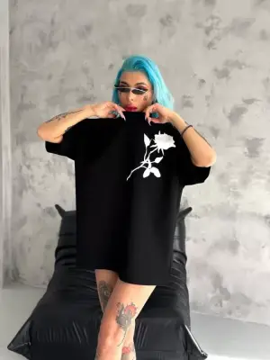 Omarı Bisiklet Baskılı Oversize T-Shirt - Siyah
