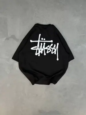 Omarı Baskılı Bisiklet Yaka Oversize T-Shirt - Siyah