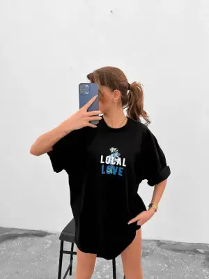 Omarı Siyah Oversize Unisex Baskılı Bisiklet Yaka T-Shirt