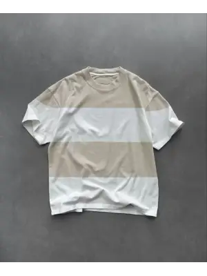 Omarı Modern ve Rahat Bisiklet Yaka T-Shirt - Bej