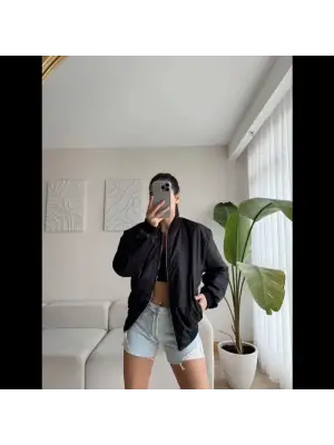 Unisex İçi Astarlı Düz Bomber Ceket - Siyah