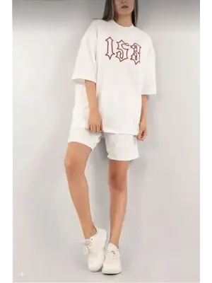 Unisex Nakış İşlemeli Şort Takım - Beyaz