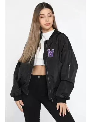 Unisex Uzun Kol Baskılı Bomber Ceket - Siyah