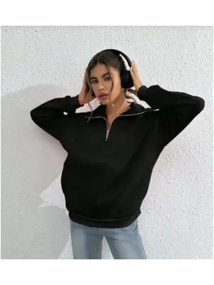 Unisex Yarım Farmuarlı Siyah Sweatshirt