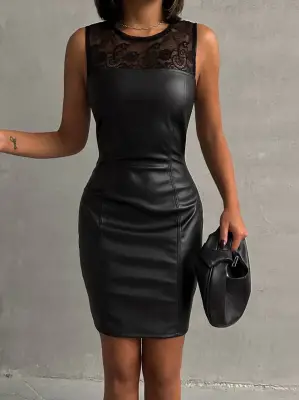 Omarı Dantelli Straplez Siyah Deri Elbise - Etkileyici ve Şık Tasarım