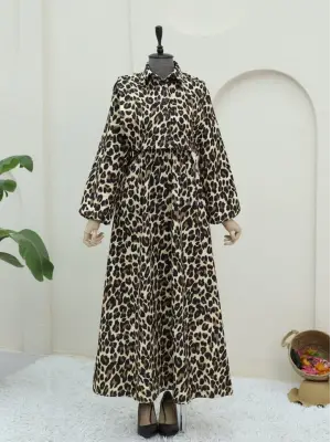 Üstü Gömlek Detaylı Leopar Desenli Elbise -Vizon