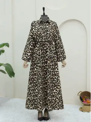 Omarı Leopar Desenli Vizon Elbise