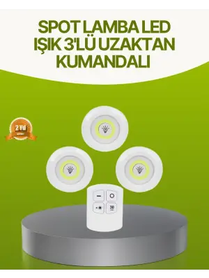 Uzaktan Kumandalı 3 Lü Kablosuz Led Spot Lamba Seti Yapışkanlı Pratik Kullanım
