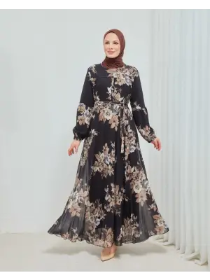 Omarı Zarif Yaprak Desenli Uzun Boy Astarlı Şifon Elbise