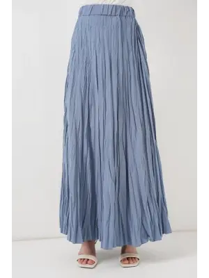 Uzun Kırışık Etek 8042 - İndigo