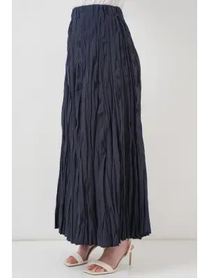Uzun Kırışık Etek 8042 - Lacivert