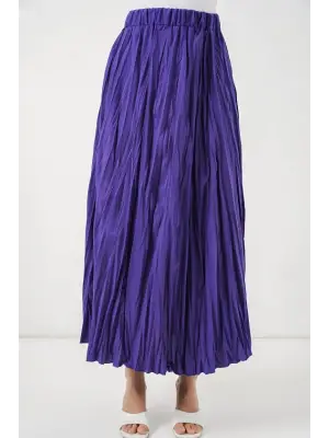 Uzun Kırışık Etek 8042 - Mor