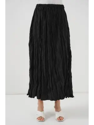 Uzun Kırışık Etek 8042 - Siyah