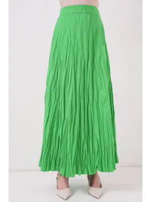 Uzun Kırışık Etek 8042 - Yeşil