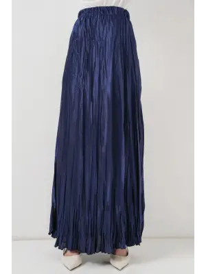 Uzun Kırışık Parlak Etek 8034 - D.Lacivert