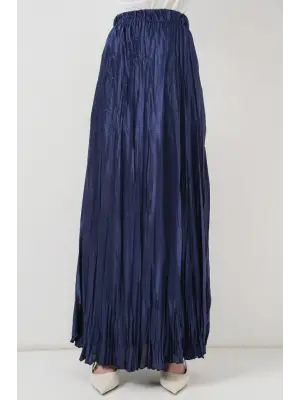 Uzun Kırışık Parlak Etek 8034 - D.Lacivert