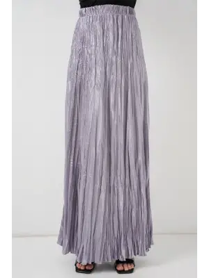 Uzun Kırışık Parlak Etek 8034 - Gri