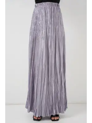 Uzun Kırışık Parlak Etek 8034 - Gri