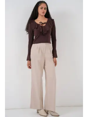 Uzun Kol Crop Bluz 979 - Kahverengi