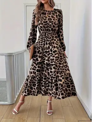 Uzun Kollu Bisiklet Yaka Leopar Desenli Midi Süprem Elbise