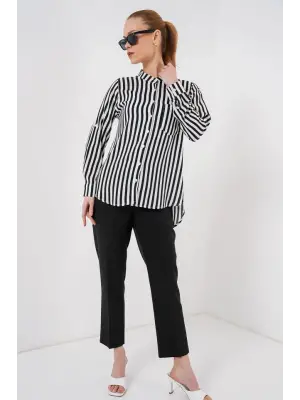 Uzun Kollu Çizgili Gömlek 20283 - Beyaz