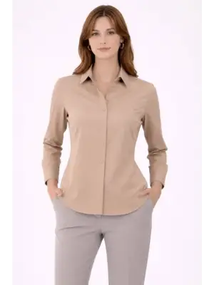 Uzun Kollu Gömlek Düğmeli Klasik Yaka Günlük Ve Ofis Şıklığına Uygun - Bej