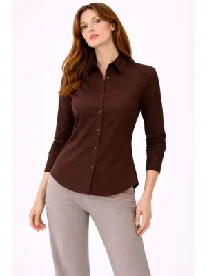 Uzun Kollu Gömlek Düğmeli Klasik Yaka Günlük Ve Ofis Şıklığına Uygun - Kahverengi