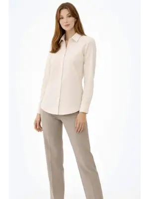 Uzun Kollu Gömlek Düğmeli Klasik Yaka Günlük Ve Ofis Şıklığına Uygun - Krem