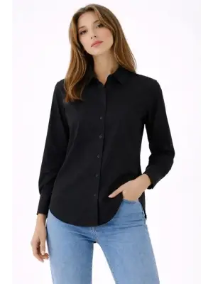 Uzun Kollu Gömlek Düğmeli Klasik Yaka Günlük Ve Ofis Şıklığına Uygun - Siyah