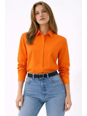 Uzun Kollu Gömlek Düğmeli Klasik Yaka Günlük Ve Ofis Şıklığına Uygun - Turuncu