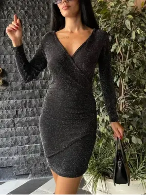 Uzun Kollu Kruvaze Simli Elbise -Siyah