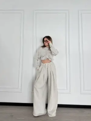 Gri Uzun Kollu Crop ve Pantolon Takımı