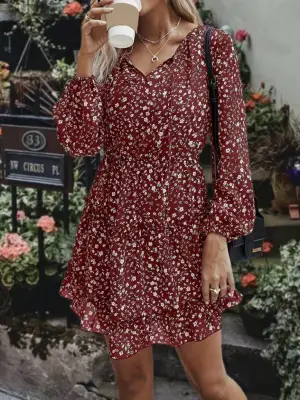 Omarı Çiçek Desenli V Yaka Bağcıklı Maxi Elbise