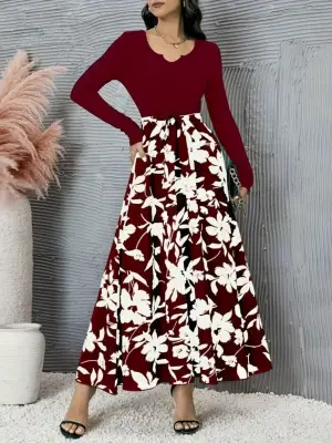 Omarı Şık Kadın Elbise - Çiçek Desenli Uzun Kollu Kaşkorse