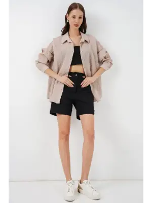 Uzun Oversize Gömlek 20320 - Bej