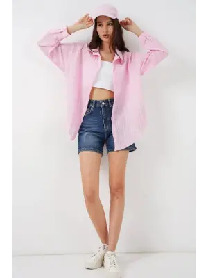 Uzun Oversize Gömlek 20320 - Pudra