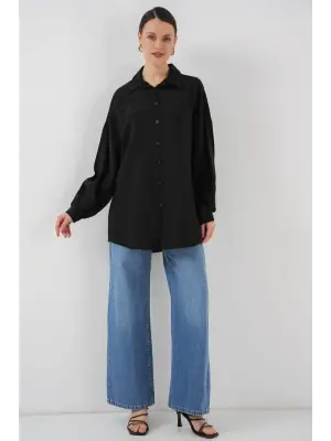 Uzun Oversize Gömlek 5965 - Siyah