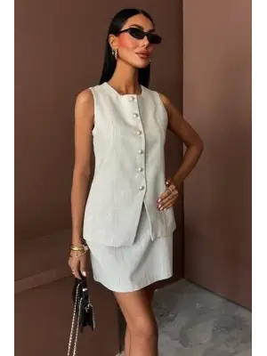 Uzun Yelek Mini Etek Flamlı Keten Takım 10148