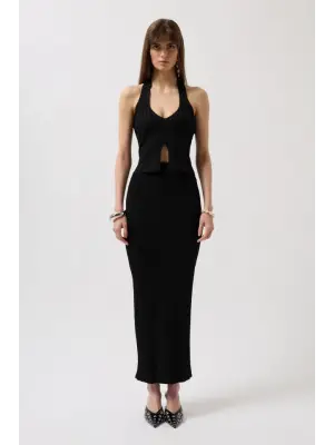 V Detay Dokulu Crop Bluz