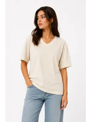 V Yaka Basic Tişört Kısa Kol Yazlık Regular Fit T-Shirt - Bej