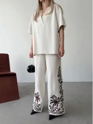 Omarı Şık Keten Ikili Takım - Beyaz