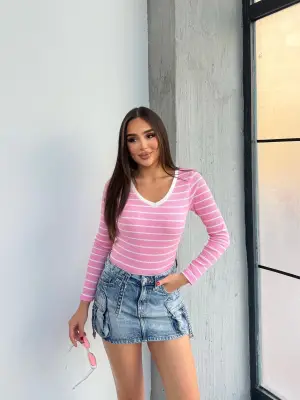 V yaka çizgili bluz pembe A3699
